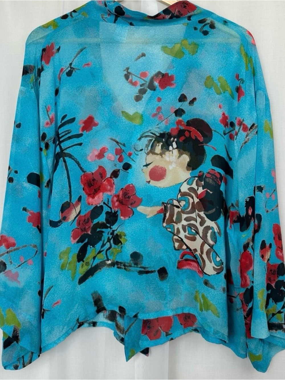 Vintage Chicos 100% Silk Geisha Portrait Art To Wear Novelty Blouse Size 3/XL - Picture 3 of 12